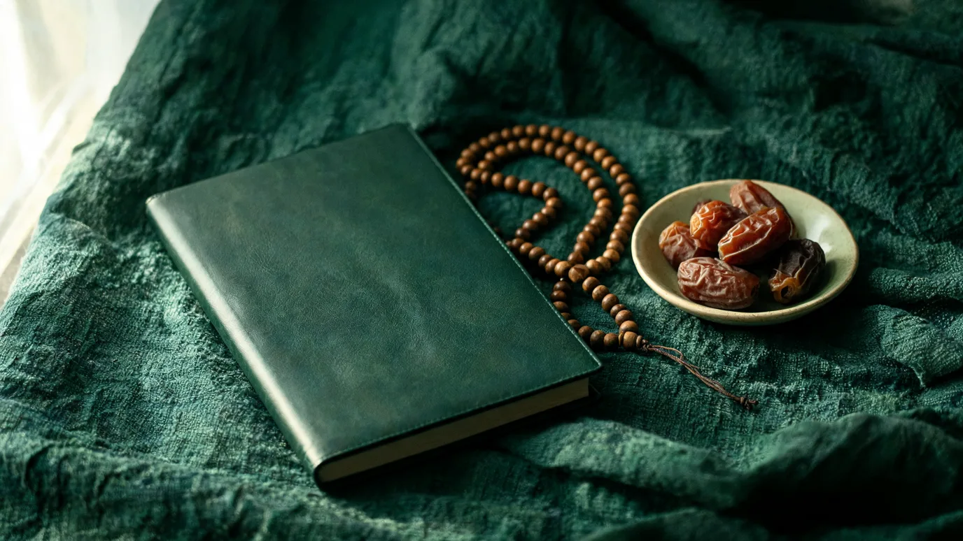 Illustrative: a green-bound Quran, wooden prayer beads and a dish of dates on a deep green cloth in warm window light