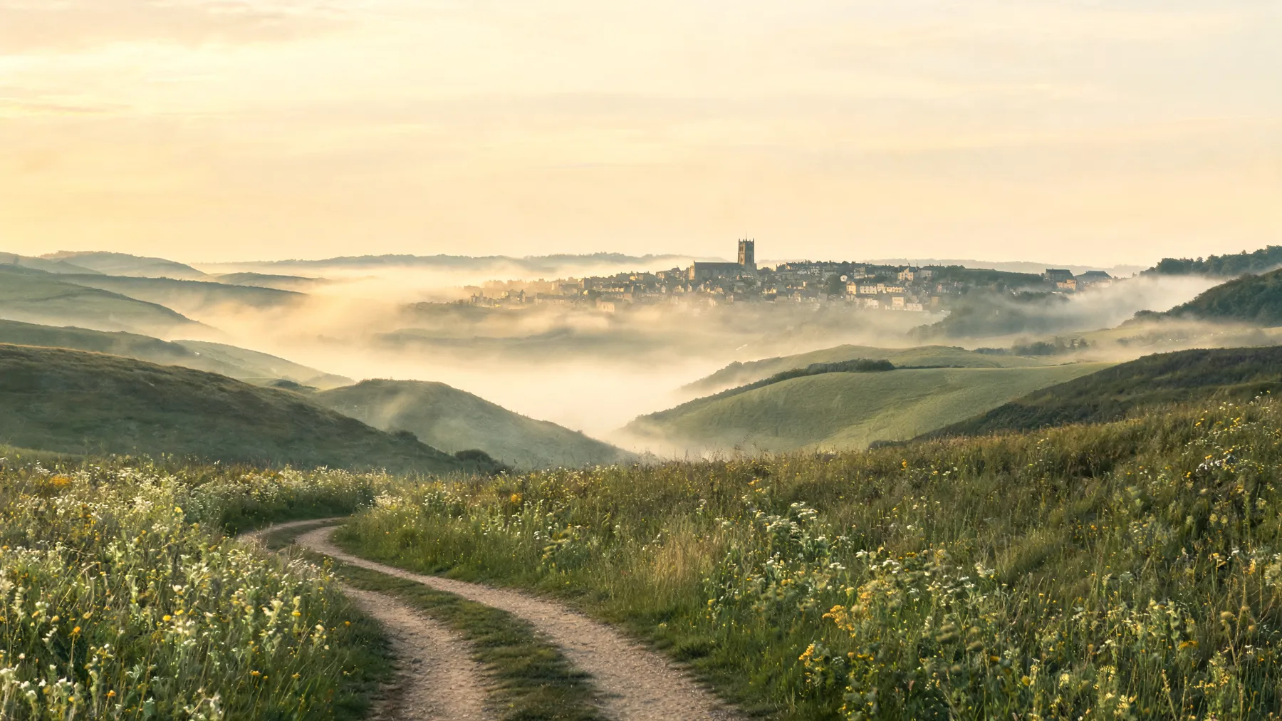 Illustrative: dawn mist over green Herefordshire hills, a wildflower footpath leading toward a small market town