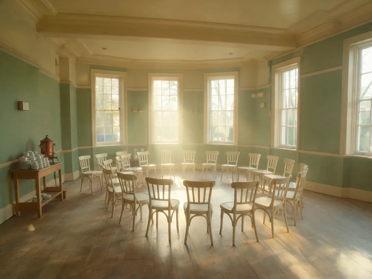 Illustrative: a circle of simple chairs in a sage-green community room, warm light through tall windows