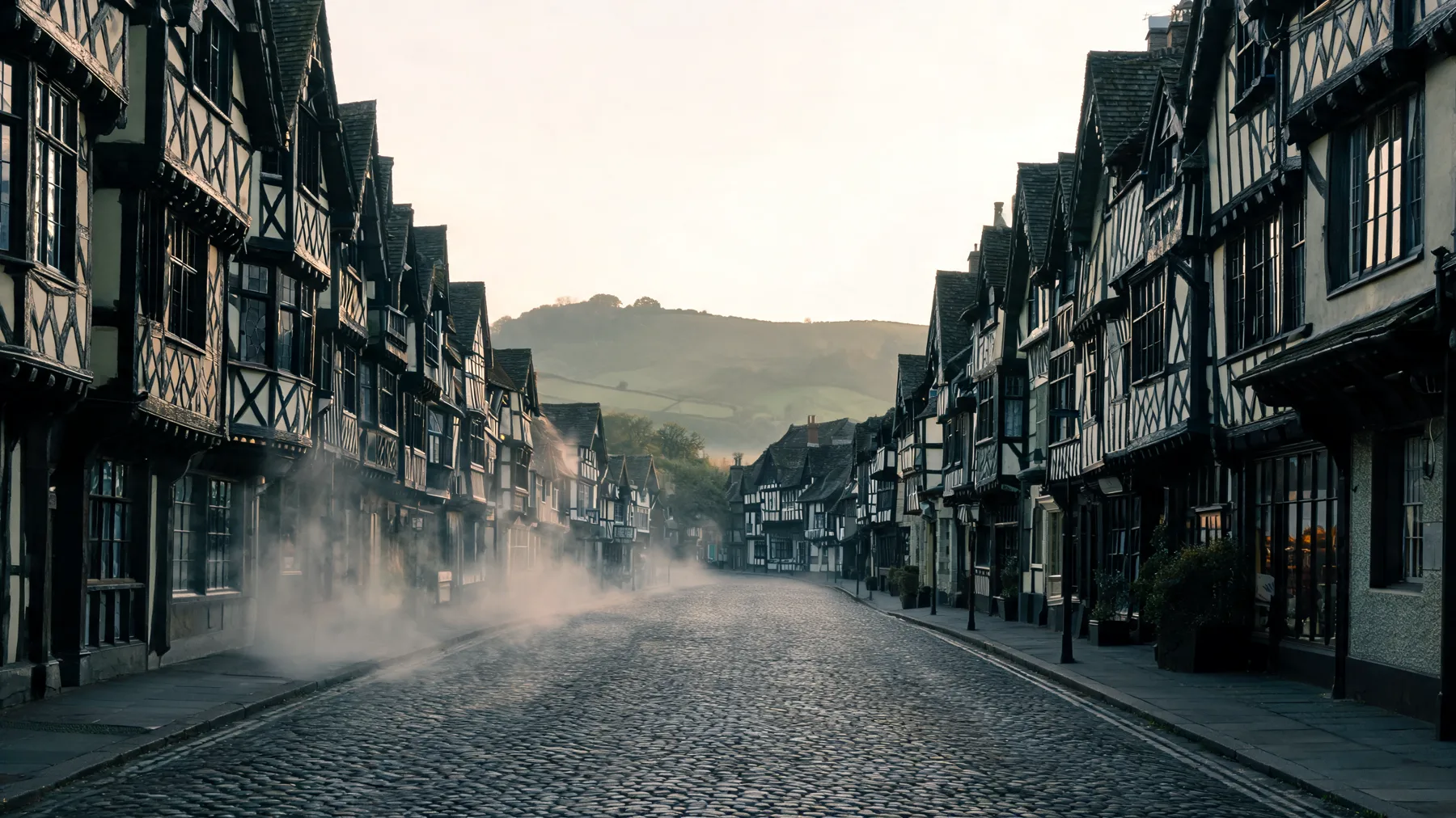 Illustrative: a Herefordshire market-town street at dawn, timber-framed buildings and green hills