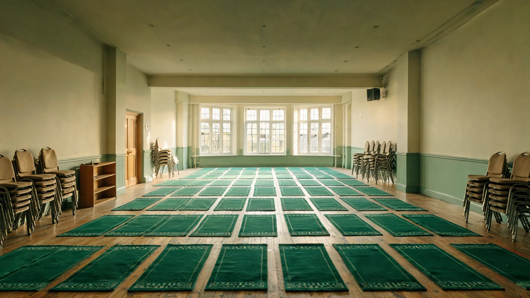 Illustrative: a modest community hall with rows of green prayer rugs in soft morning light
