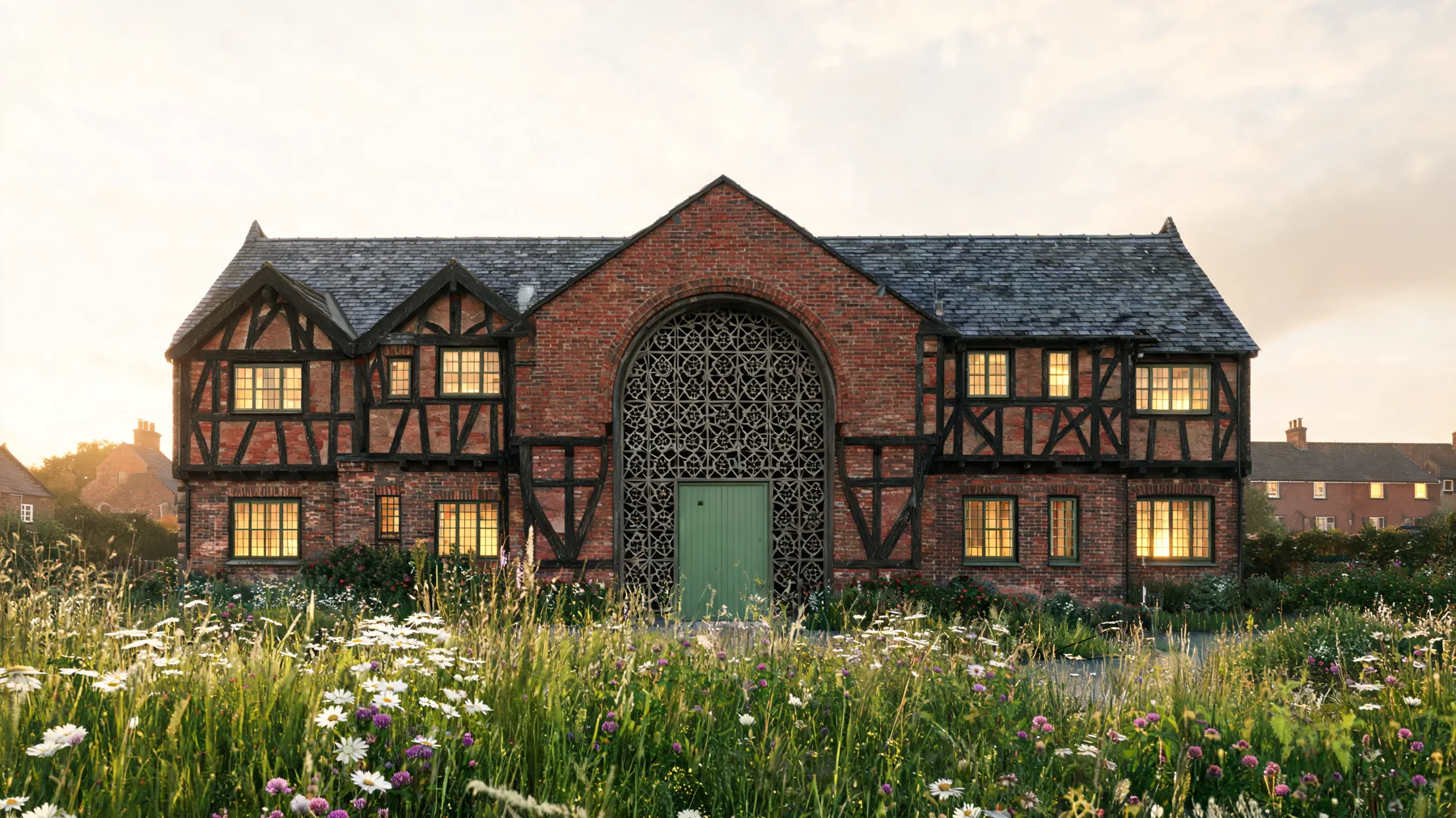 Illustrative architectural concept of a future community centre glimpsed through a doorway-shaped opening: brick and timber, a glowing geometric-screen archway, wildflowers