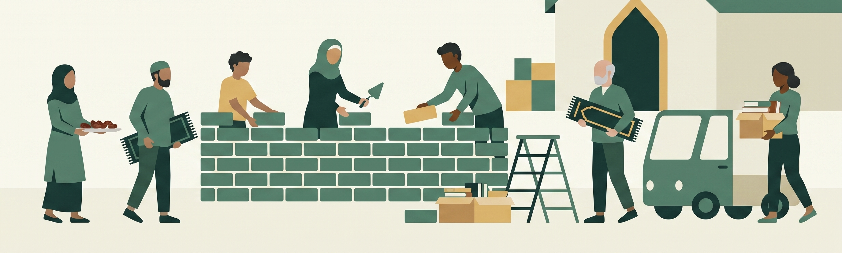 People of Leominster Muslim Association laying sage bricks, carrying dates and a prayer mat, and unloading books beside a modest community house.